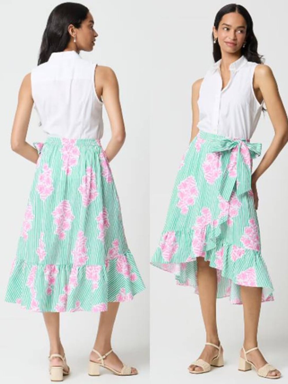 J Crew Women Hi Low Striped Midi Skirt SelfTie Tropical Prints Beach Party Green